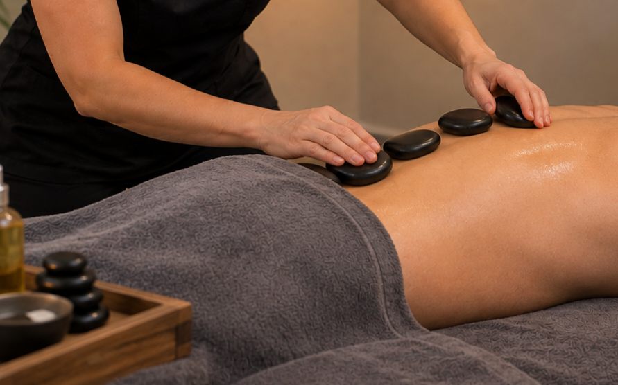 Hot stone massage treatment using heated basalt stones