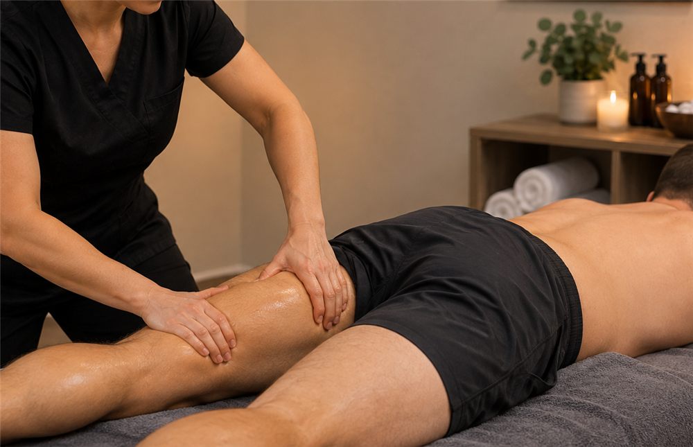 Sports massage being applied to a client's leg