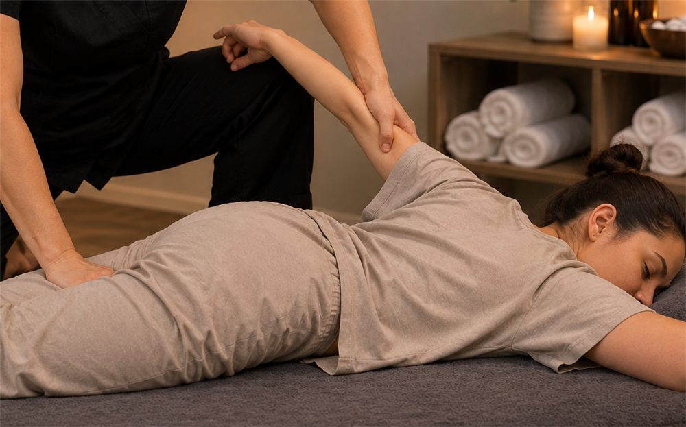 Tabletop Thai massage with assisted stretching