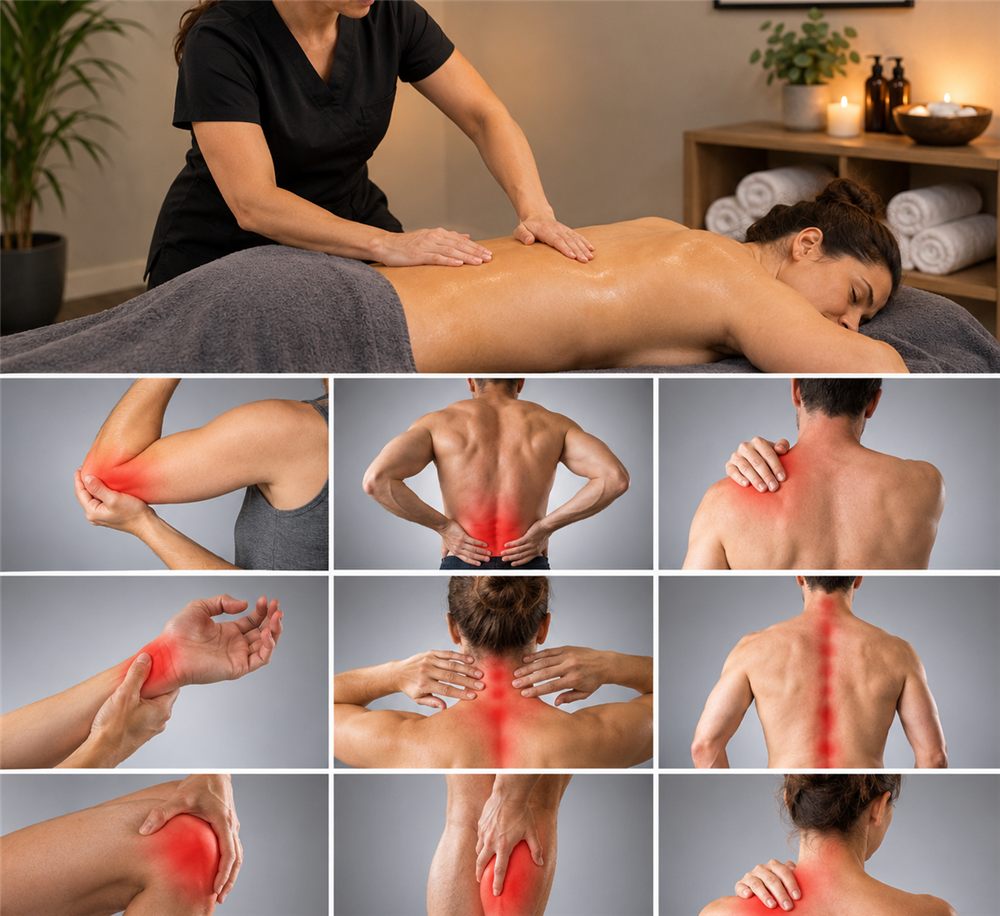 A relaxing holistic massage alongside a guide to common muscular pain points treated by sports massage