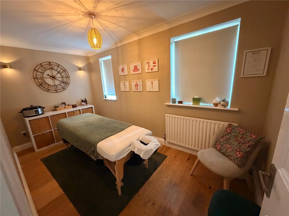 Treatment room with massage table, storage unit and garden view